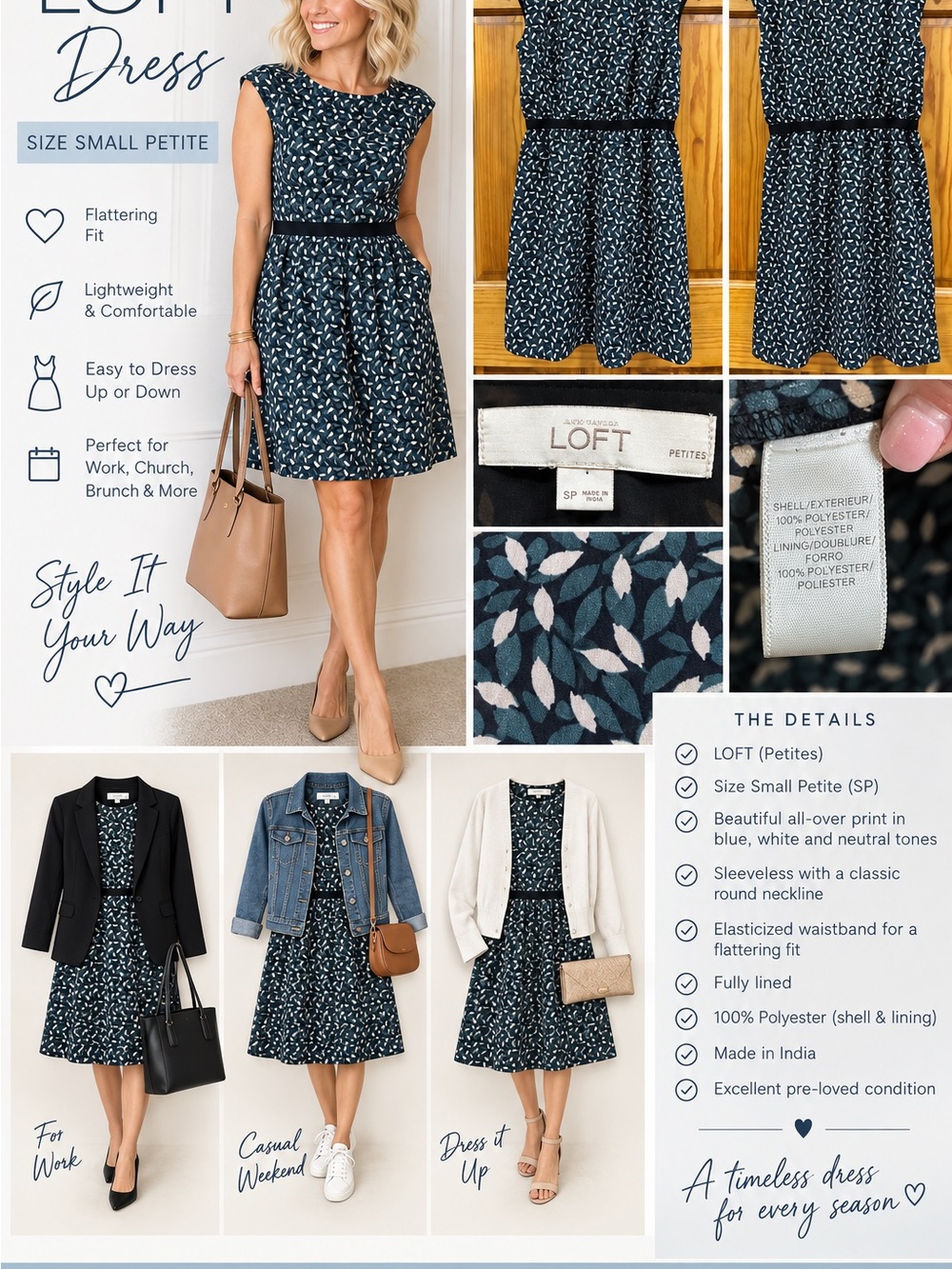 LOFT Navy and White Leaf-Print Sleeveless Dress